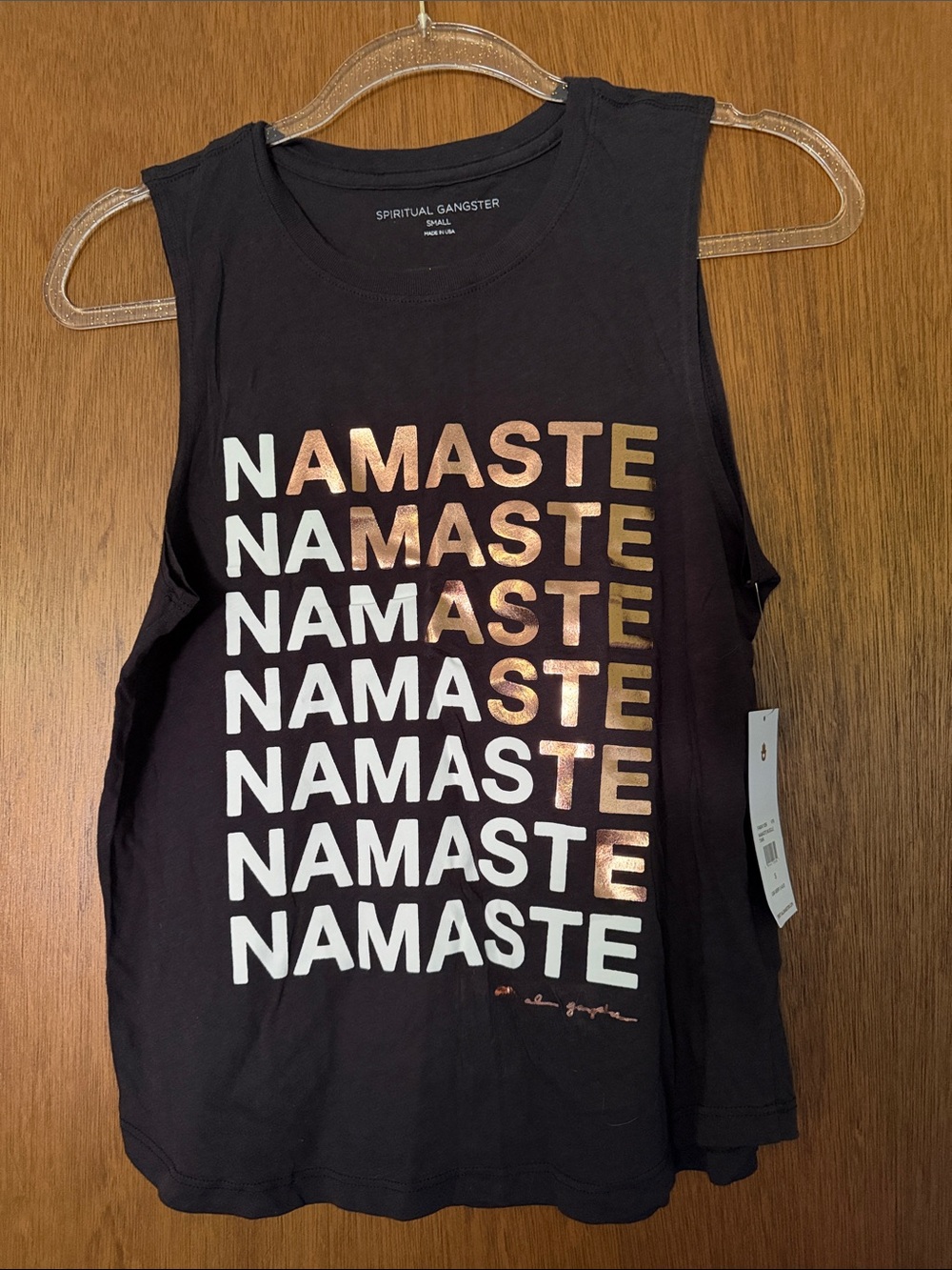 Spiritual Gangster Black Tank with Metallic Rose-Gold & White NAMASTE Print